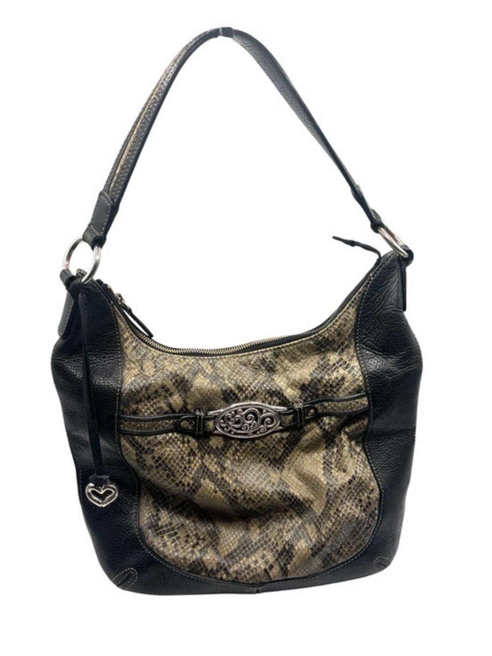 Brighton Black Leather Snakeskin Print Hobo Shoulder Bag